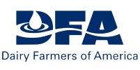 Logo of Dairy Farmers of America, featuring the initials "DFA" with a stylized milk splash, above the full name in blue text.