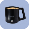 A black mug-shaped electric coffee grinder with coffee beans inside on a light blue background.