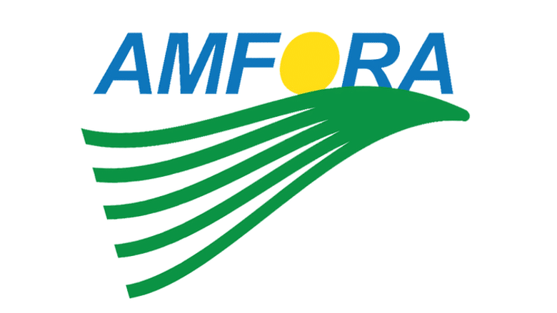 Logo with blue "AMFORA" text, a yellow circle as the "O," and green lines resembling a field below.