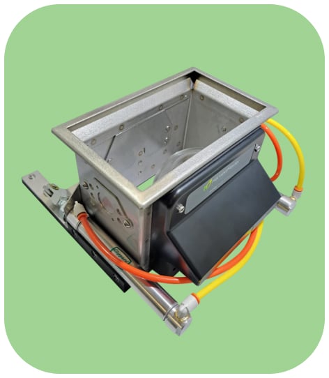 A metal rectangular box with attached hoses and connectors on a light green background.