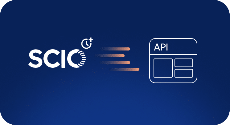 Graphic showing the SCIO logo with motion lines pointing to an API icon on a blue background.