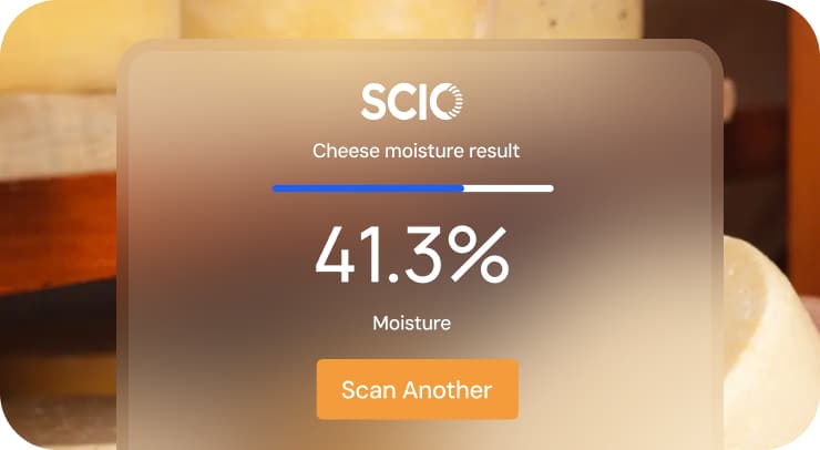 Image showing a cheese moisture result of 41.3% on a digital screen with a "Scan Another" button below.
