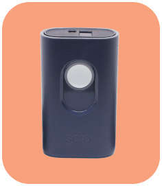 A compact, dark blue scanning device with a circular sensor and a USB port on top, set against an orange background.