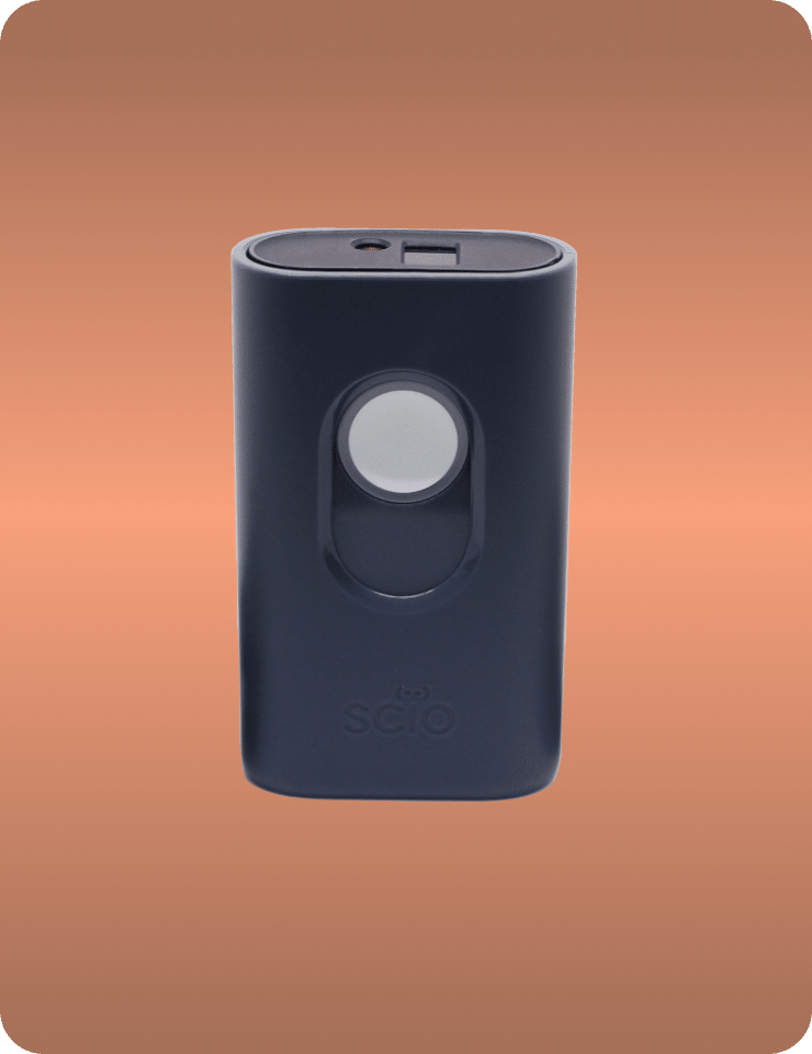 A small, black handheld scanner device with a button in the center, set against an orange background.