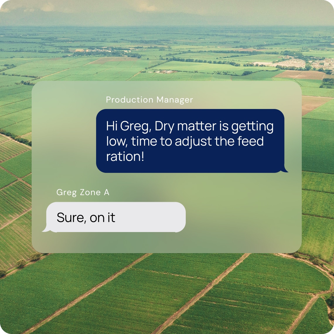 Aerial view of green fields with text bubbles overlay. Message: "Hi Greg, Dry matter is getting low, time to adjust the feed ration!" Reply: "Sure, on it.