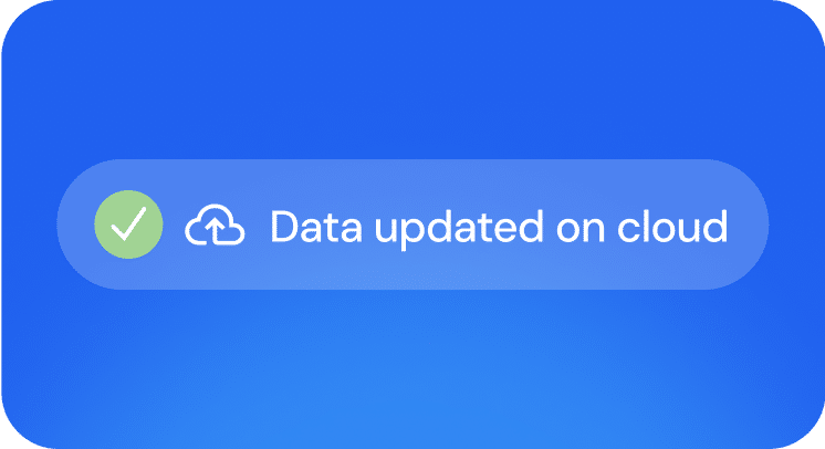 A blue notification banner with a checkmark and cloud icon reads, "Data updated on cloud.