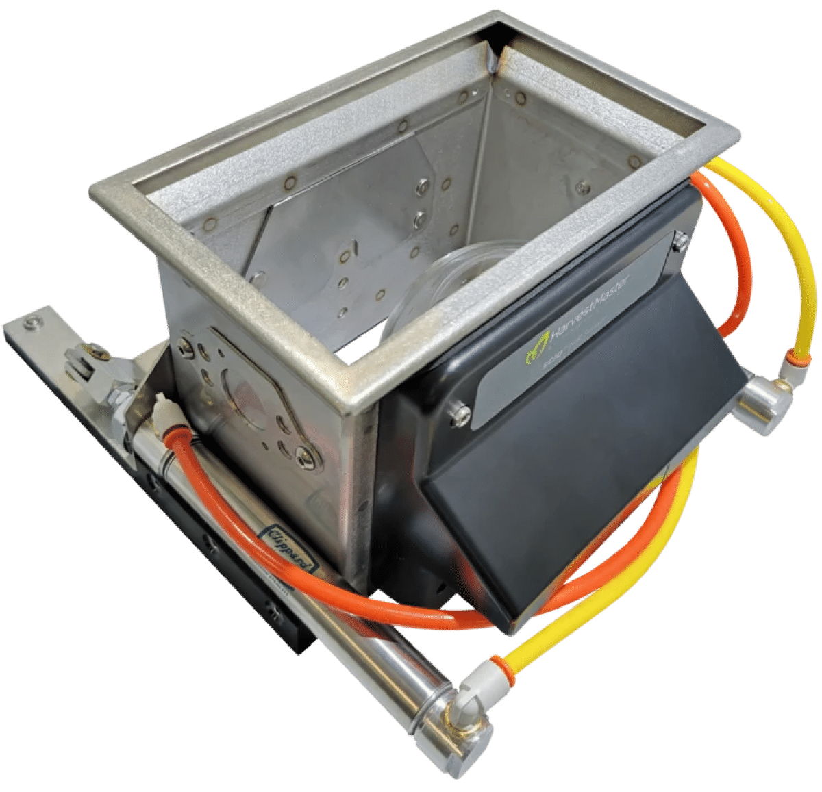 Metallic industrial component with a rectangular frame, black panel, and orange and yellow cables attached.