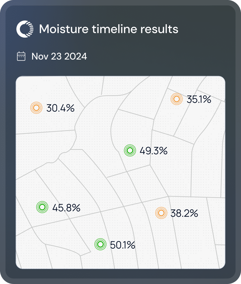 Map showing moisture percentages in different areas, dated Nov 23, 2024. Values include 30.4%, 35.1%, 38.2%, 45.8%, 49.3%, and 50.1%, with color-coded markers.